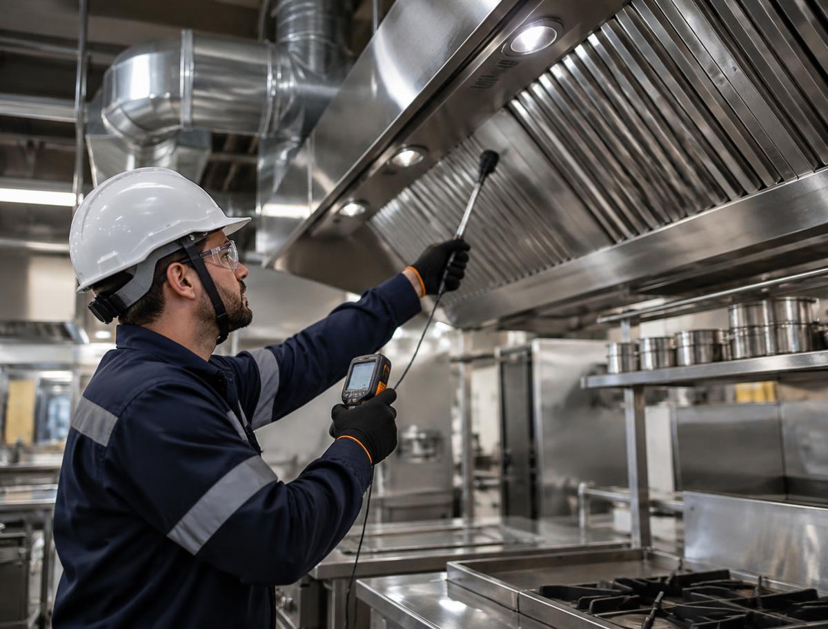 Técnico da Rode+ fazendo medição em coifa industrial